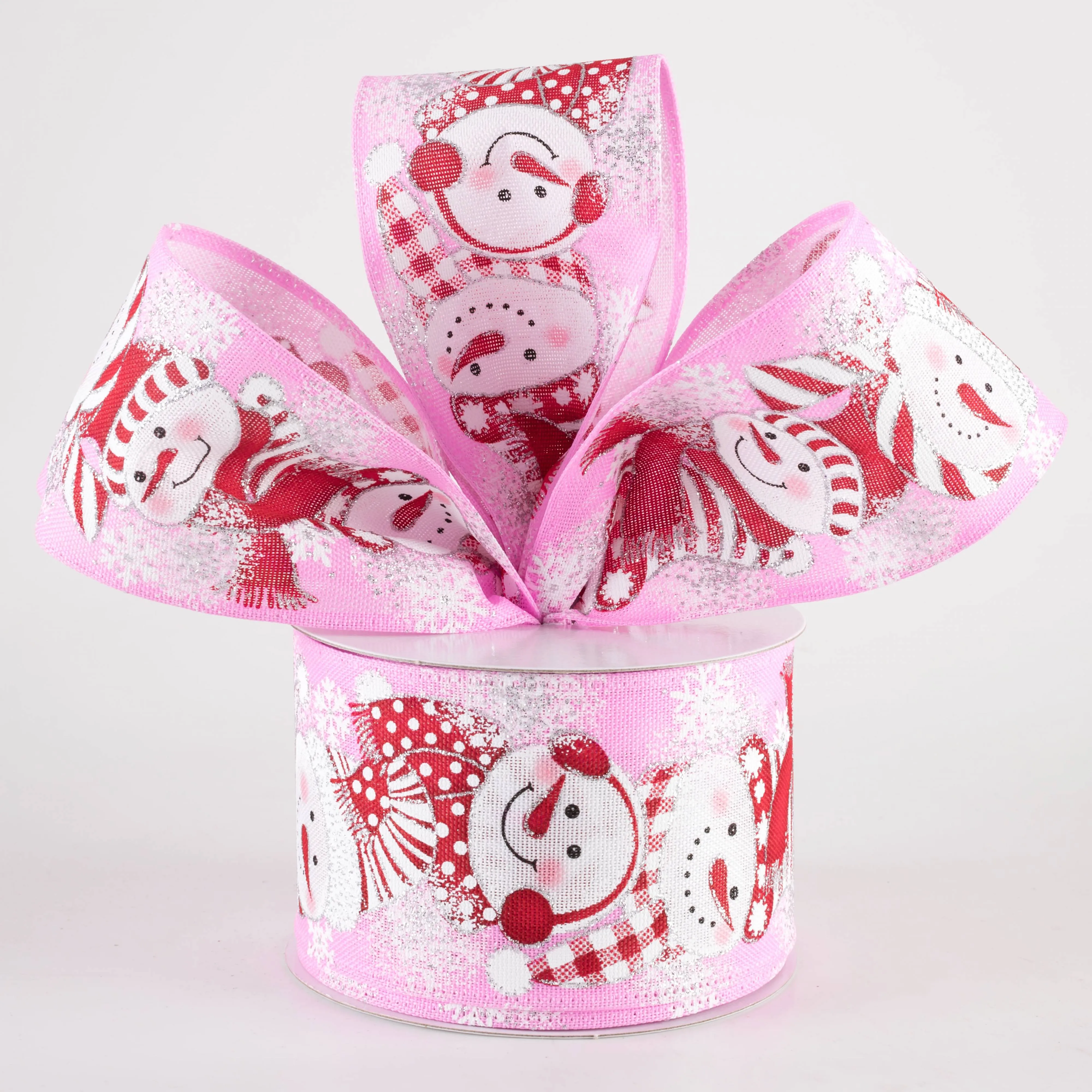 2.5" Linen Snowmen in Earmuffs Ribbon: Pink (10 Yards)