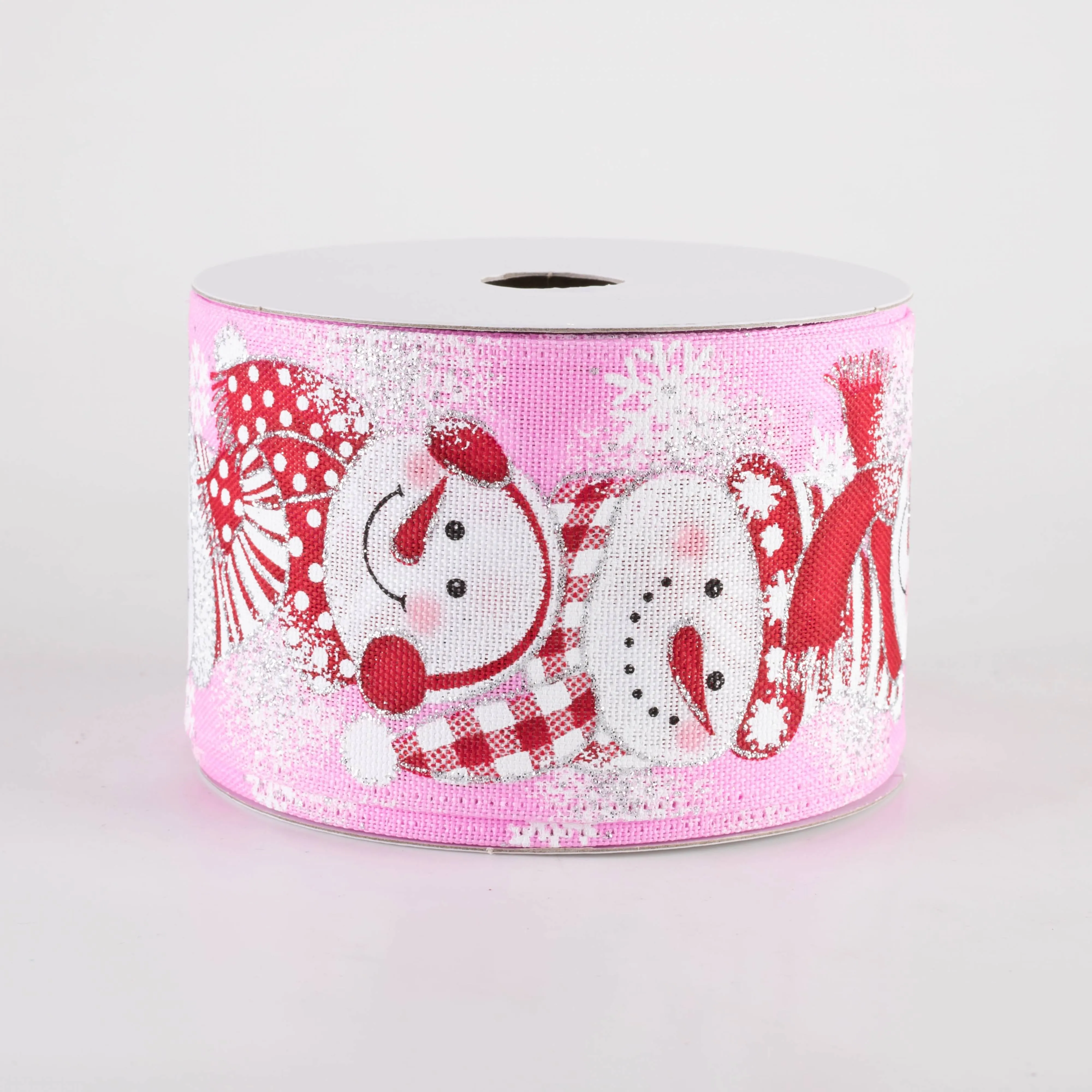 2.5" Linen Snowmen in Earmuffs Ribbon: Pink (10 Yards)