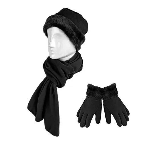 3 Pieces Set Matching Hat, Gloves and Scarf for Woman. Solid Colors - Black