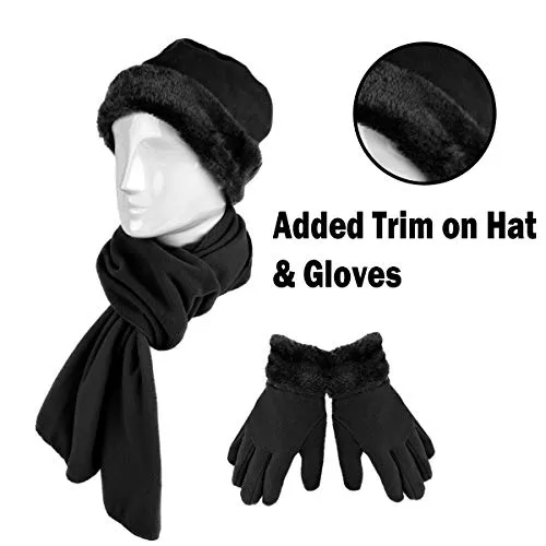 3 Pieces Set Matching Hat, Gloves and Scarf for Woman. Solid Colors - Black