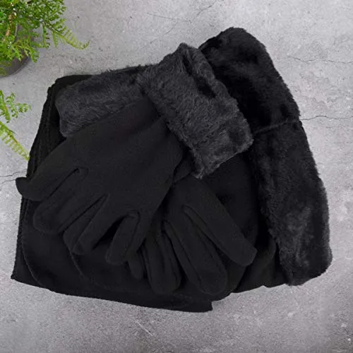 3 Pieces Set Matching Hat, Gloves and Scarf for Woman. Solid Colors - Black