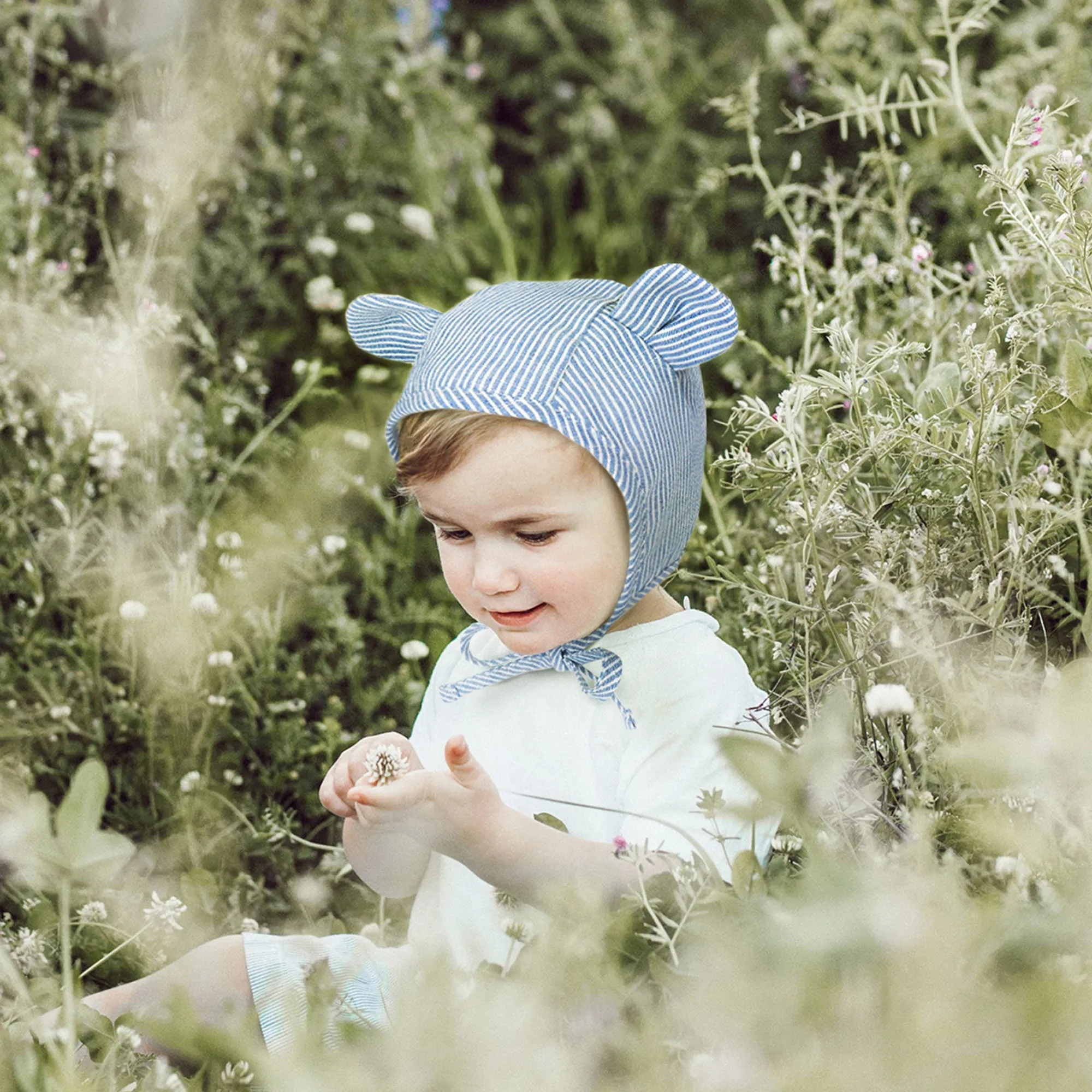 Baby Muslin Lined Stripe Bear Bonnet Hat | Black