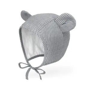 Baby Muslin Lined Stripe Bear Bonnet Hat | Black