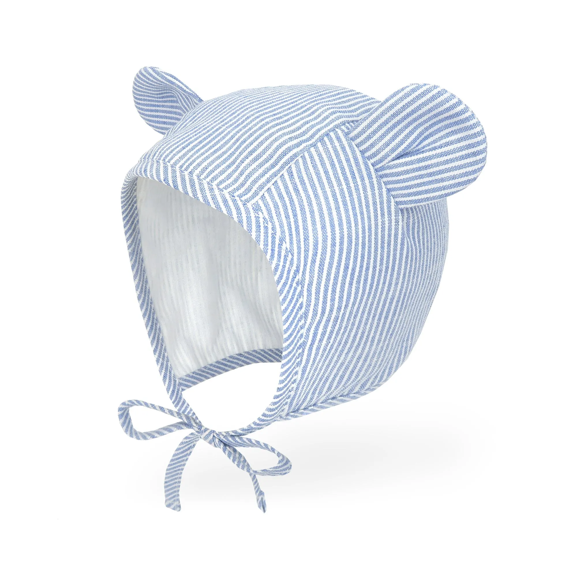 Baby Muslin Lined Stripe Bear Bonnet Hat | Black