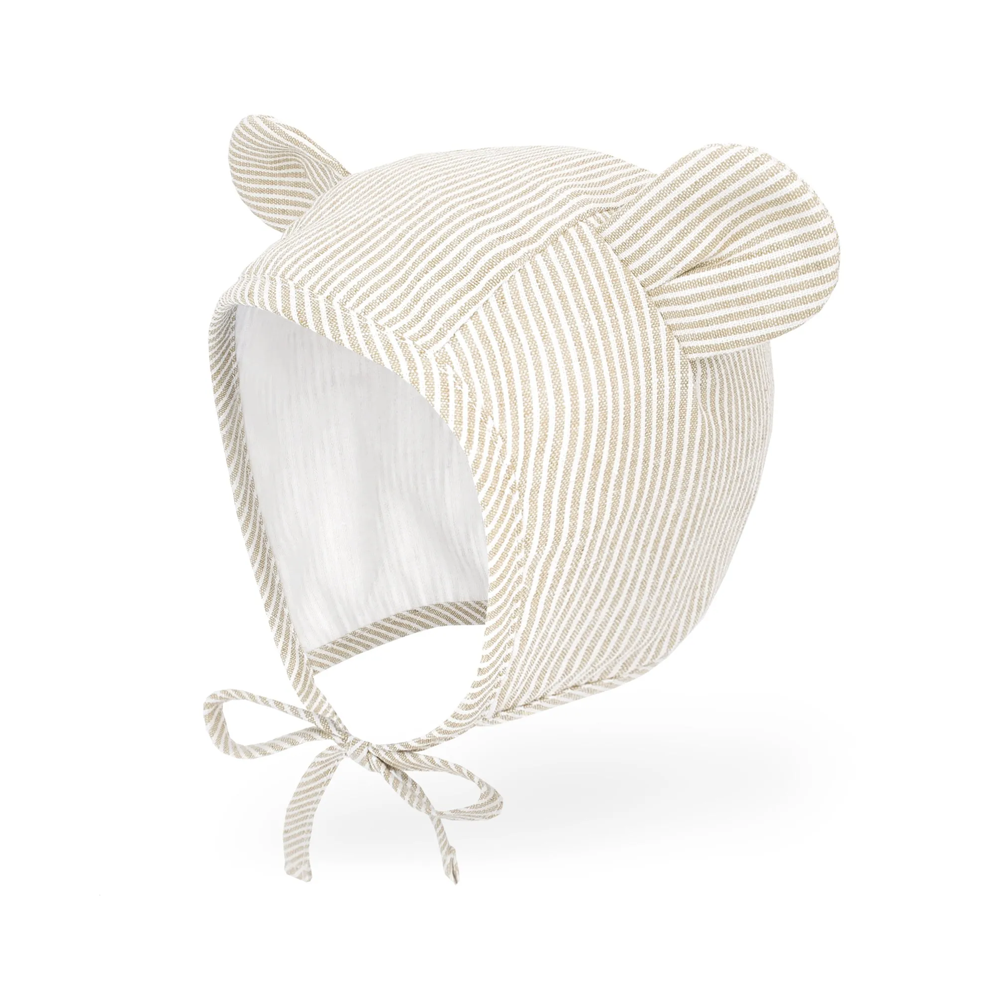 Baby Muslin Lined Stripe Bear Bonnet Hat | Black
