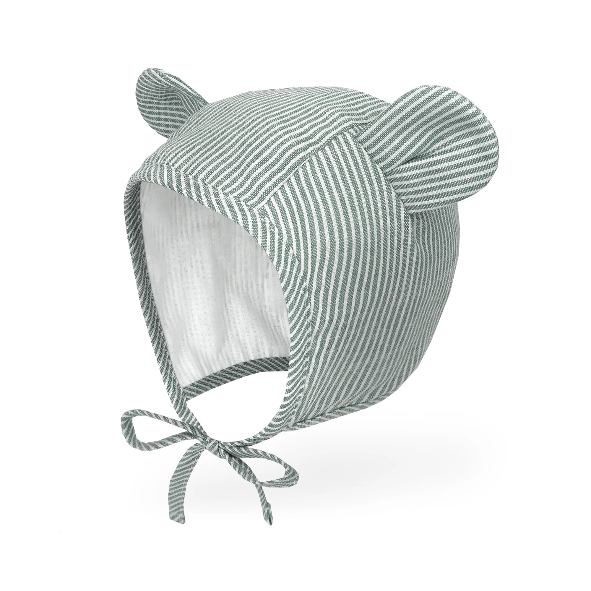 Baby Muslin Lined Stripe Bear Bonnet Hat | Black