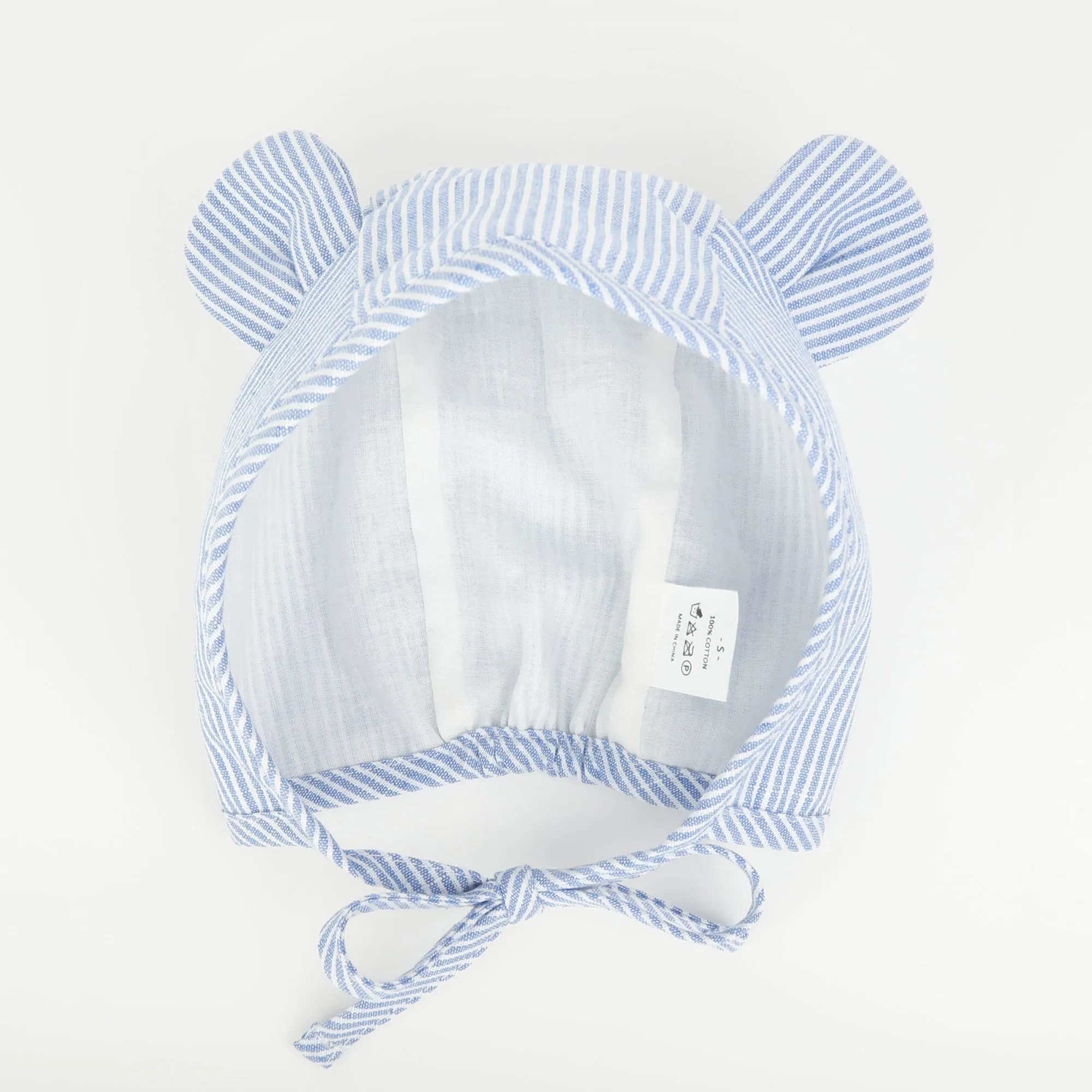 Baby Muslin Lined Stripe Bear Bonnet Hat | Black