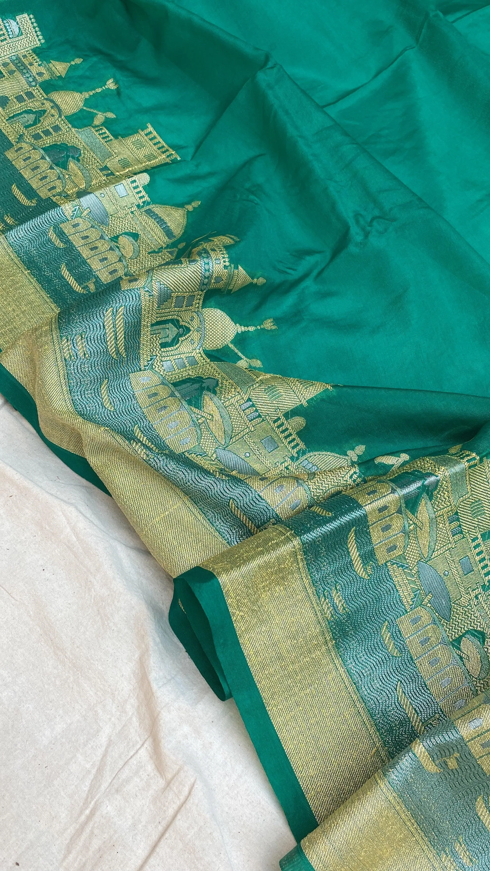 Benares Ghats Sea Green Pure Cotton Silk Banarasi Sari