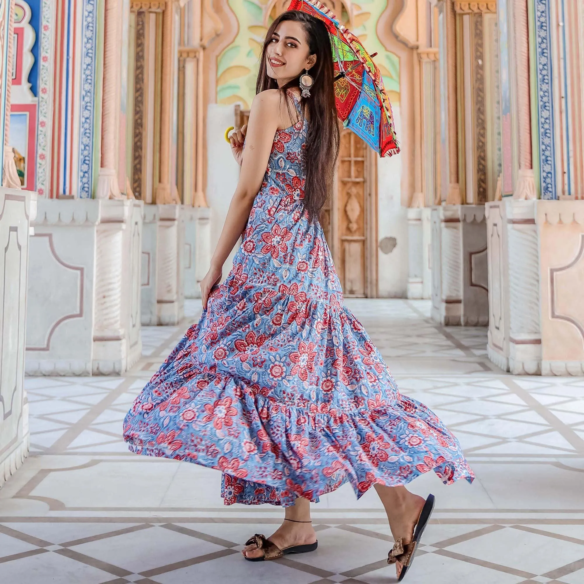 Blooming Blue Colored Casual Wear Digital Floral Printed Cotton Gown With Matching Mask