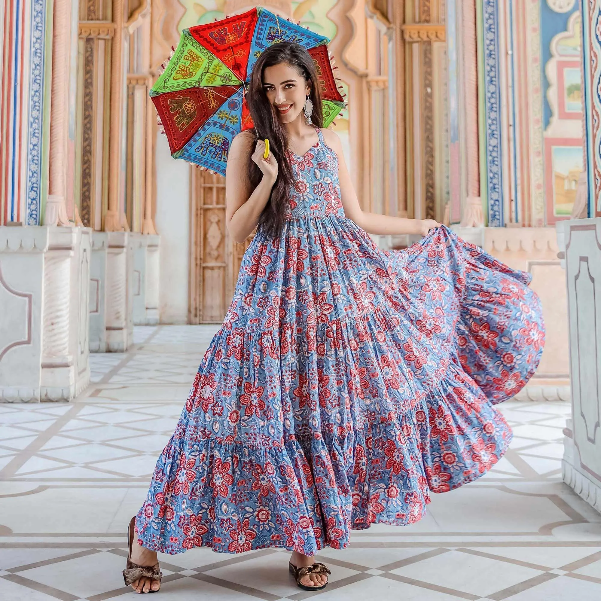 Blooming Blue Colored Casual Wear Digital Floral Printed Cotton Gown With Matching Mask
