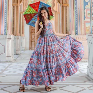 Blooming Blue Colored Casual Wear Digital Floral Printed Cotton Gown With Matching Mask