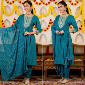 Blue Printed With Sequins Embroidered Pure Cotton Naira Cut Suit