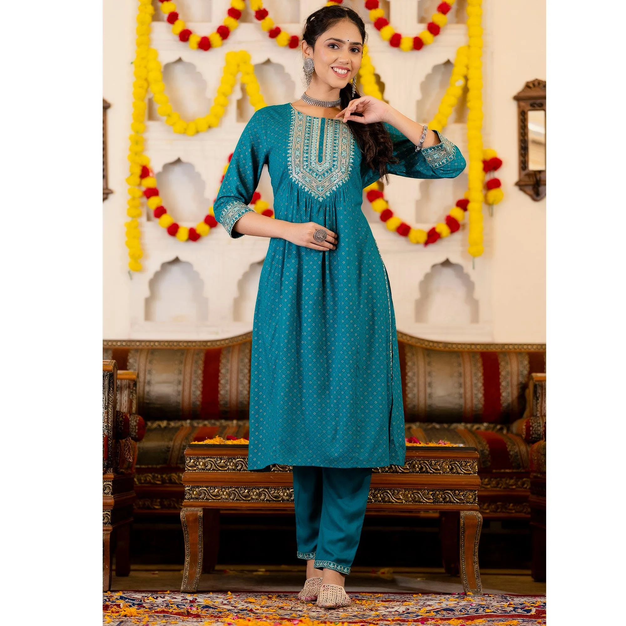 Blue Printed With Sequins Embroidered Pure Cotton Naira Cut Suit