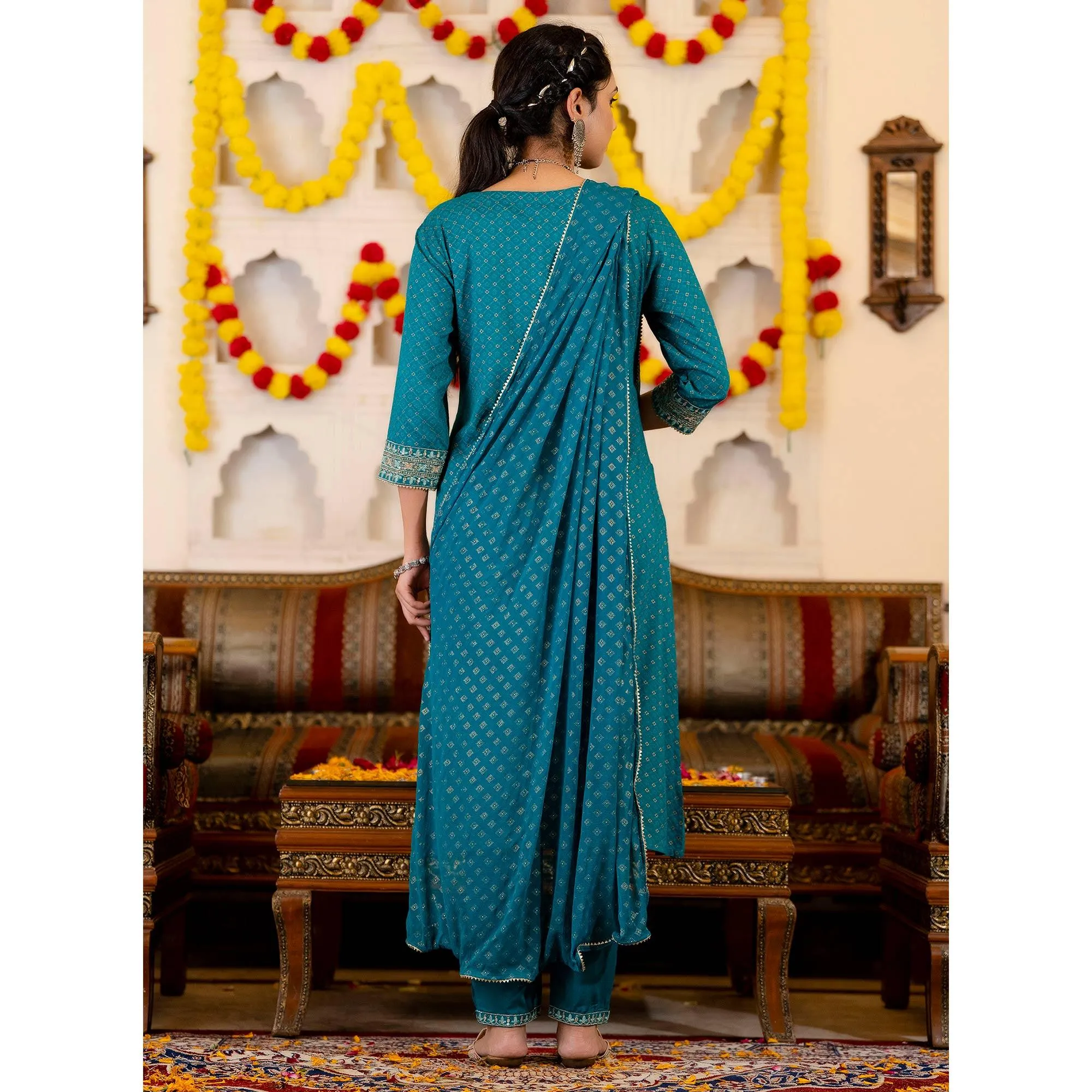 Blue Printed With Sequins Embroidered Pure Cotton Naira Cut Suit