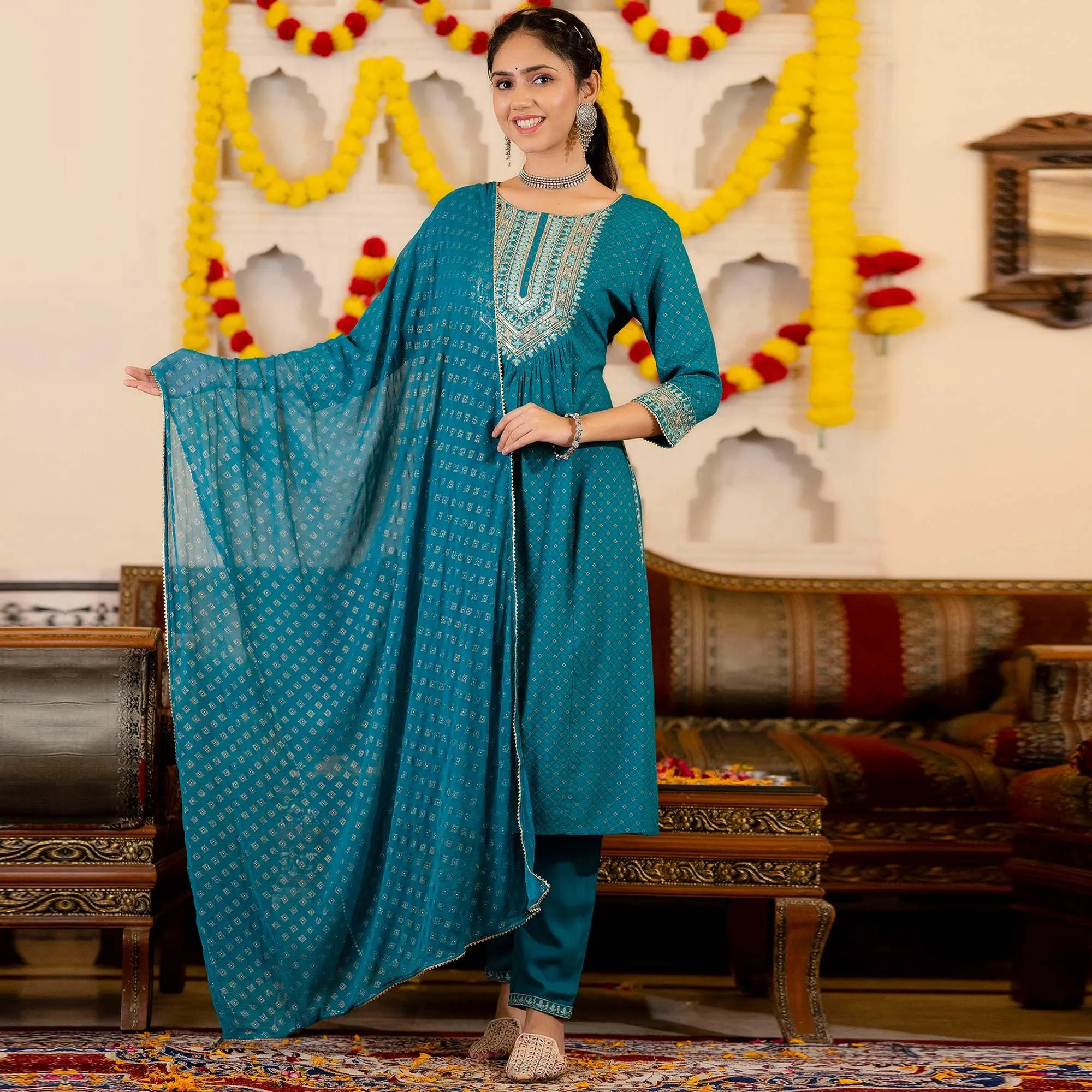 Blue Printed With Sequins Embroidered Pure Cotton Naira Cut Suit