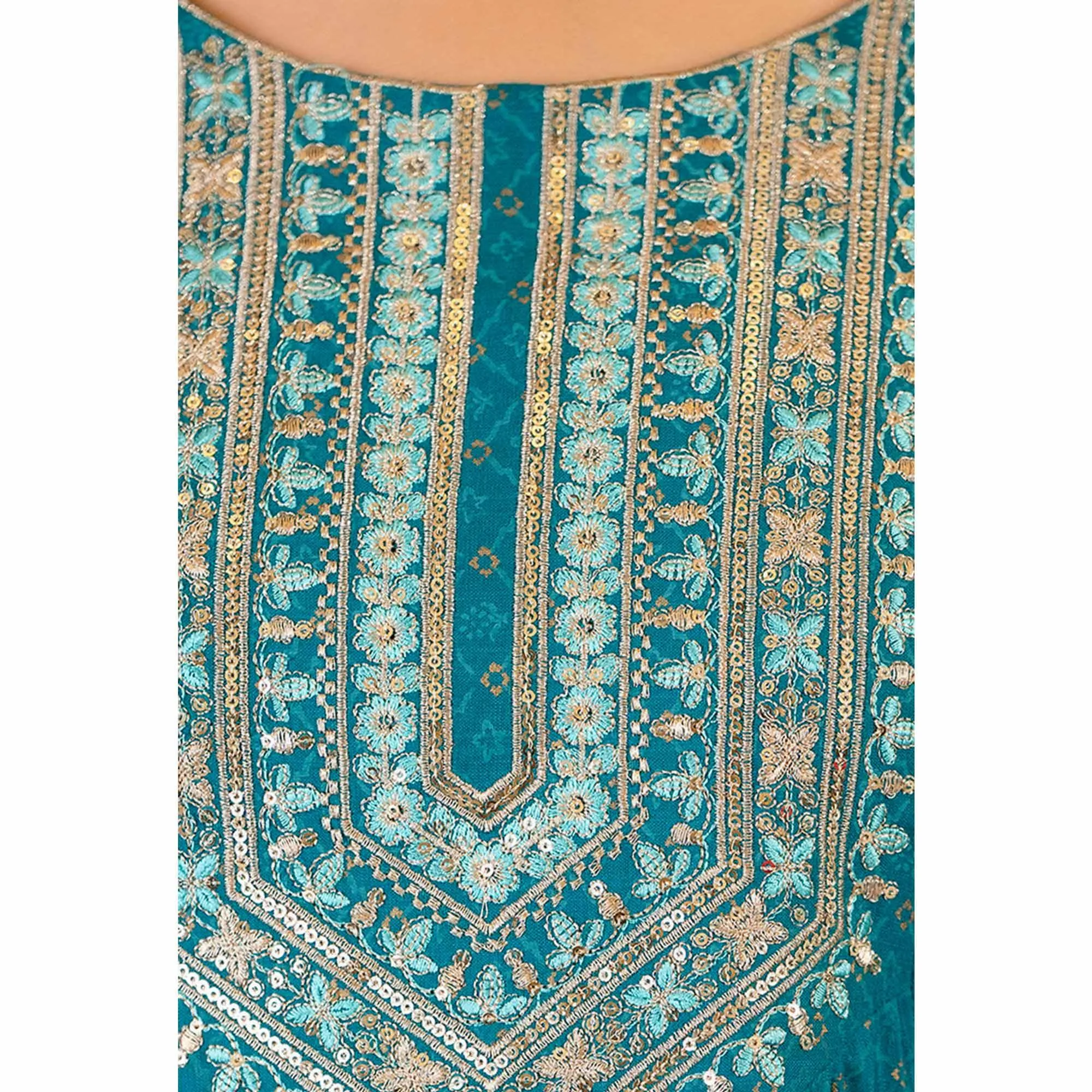 Blue Printed With Sequins Embroidered Pure Cotton Naira Cut Suit