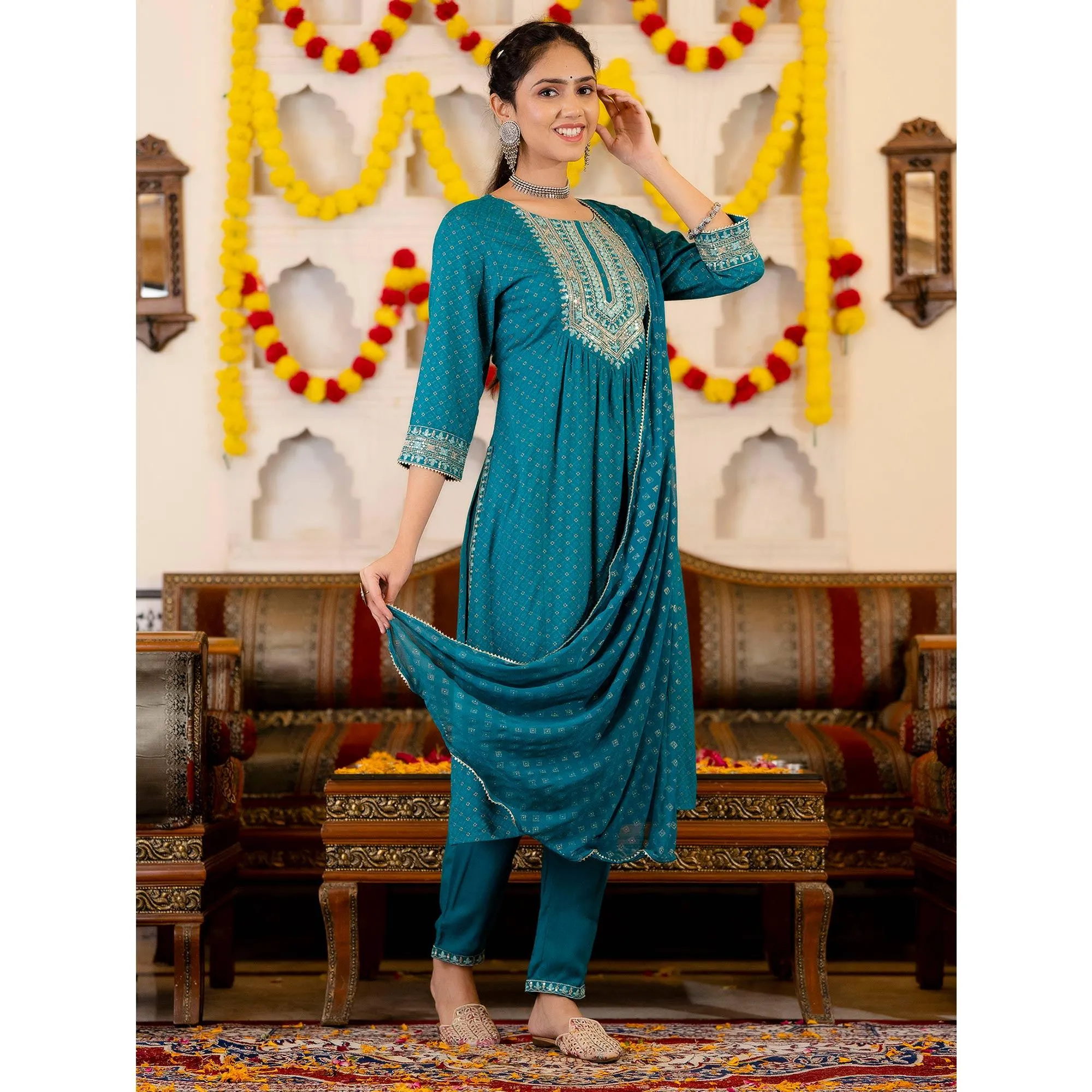 Blue Printed With Sequins Embroidered Pure Cotton Naira Cut Suit