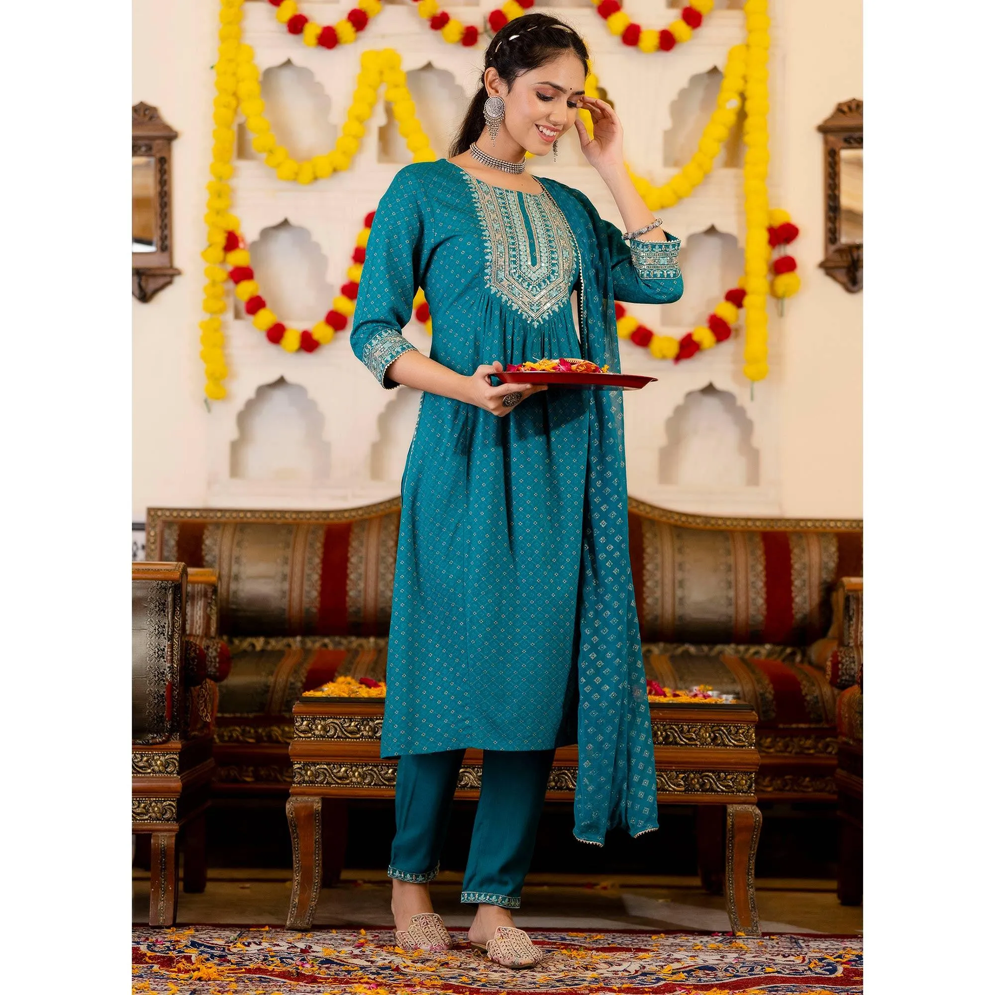 Blue Printed With Sequins Embroidered Pure Cotton Naira Cut Suit