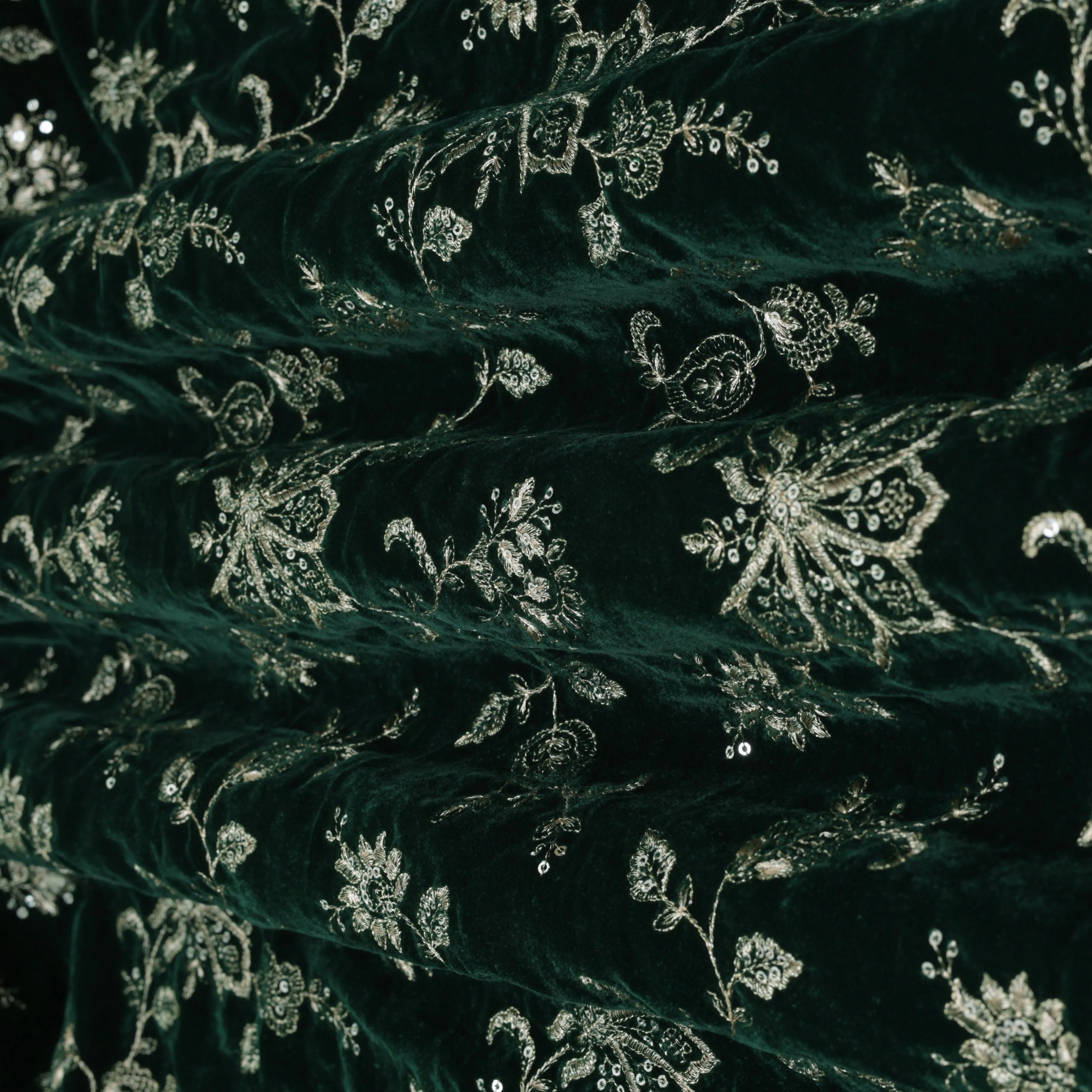 BOTTLE GREEN Color Velvet Embroidery Fabric