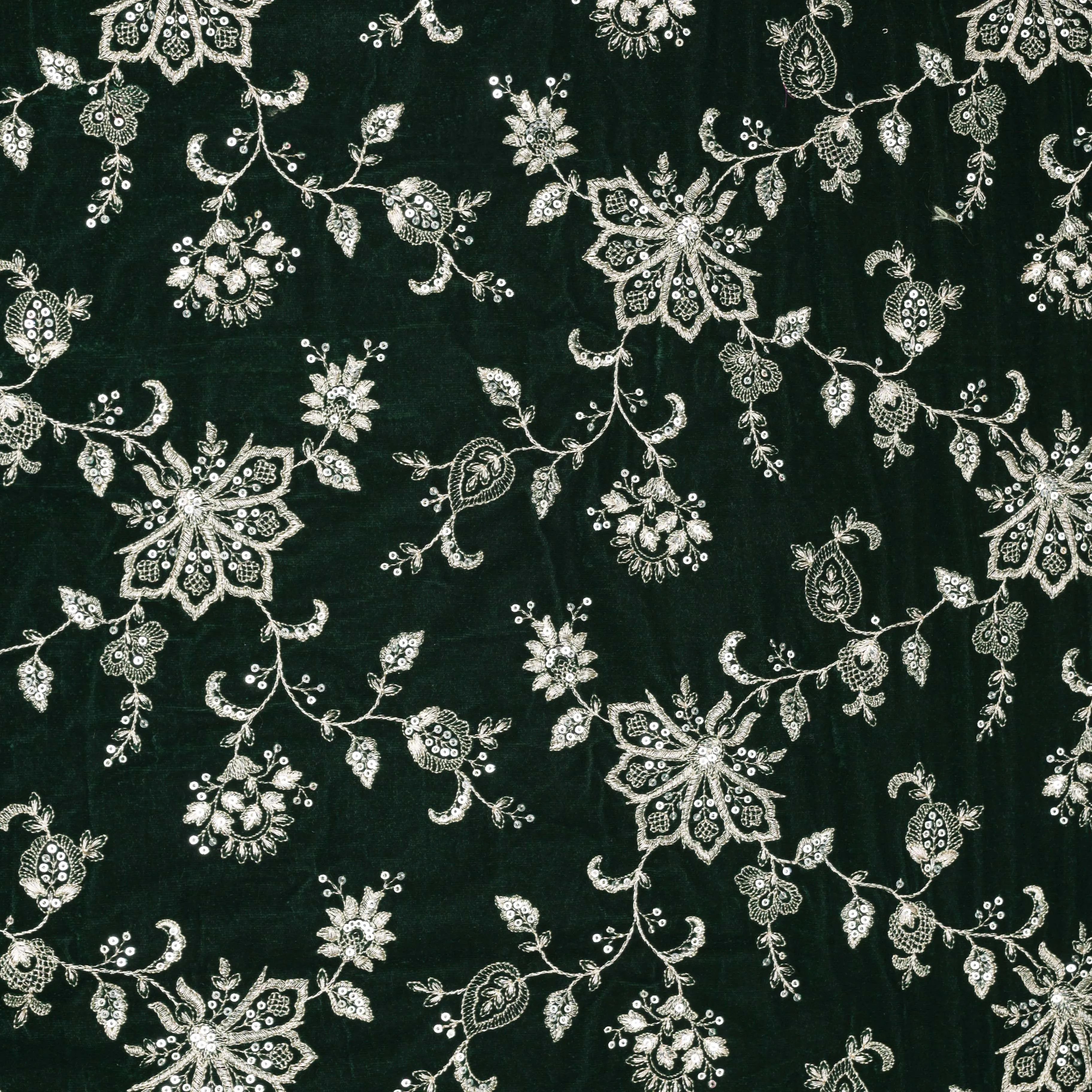 BOTTLE GREEN Color Velvet Embroidery Fabric