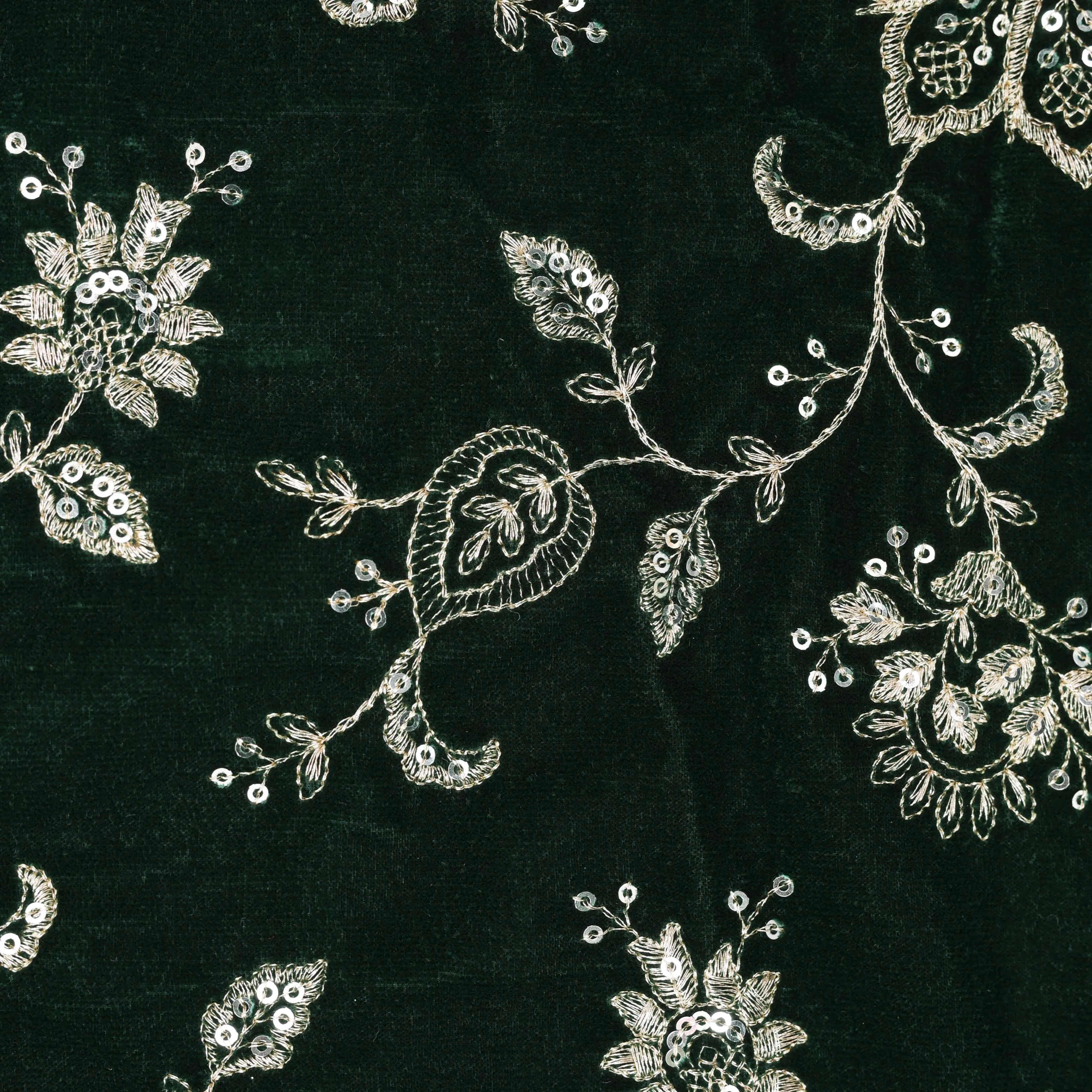 BOTTLE GREEN Color Velvet Embroidery Fabric