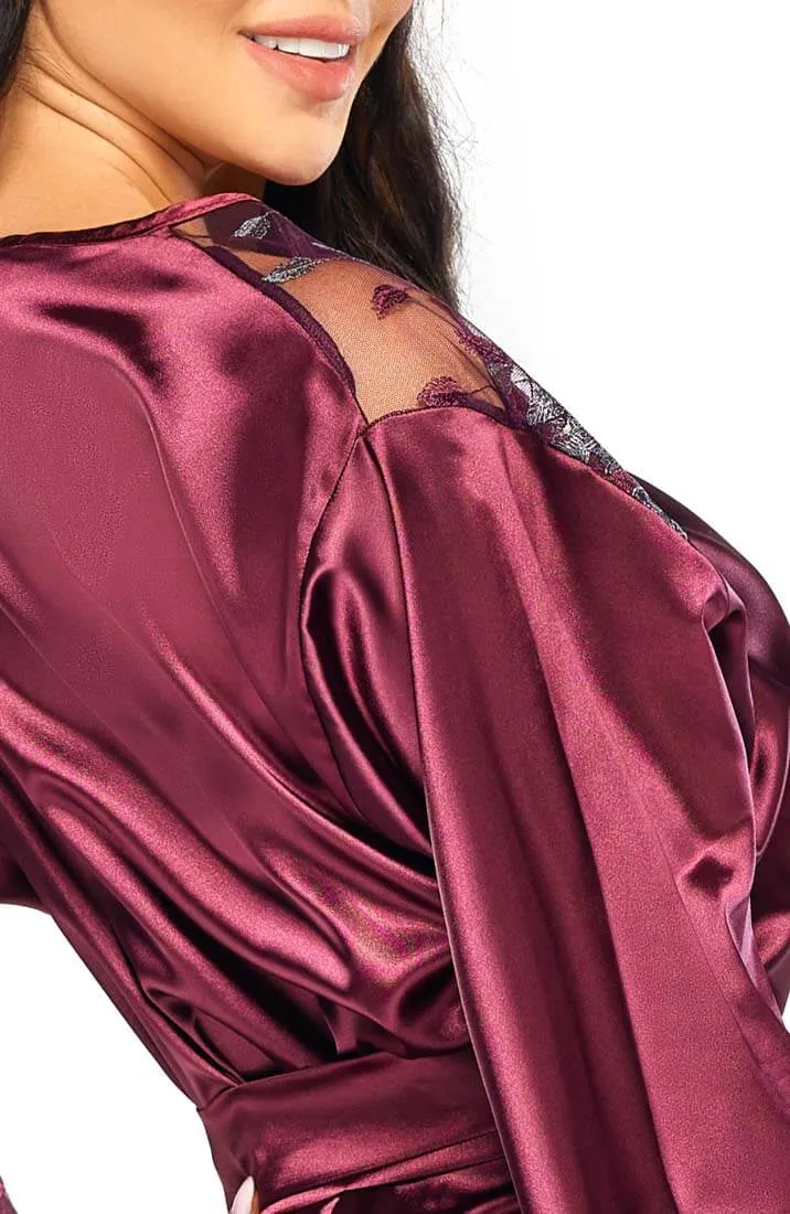 Burgundy satin robe with embroidery - Skylar