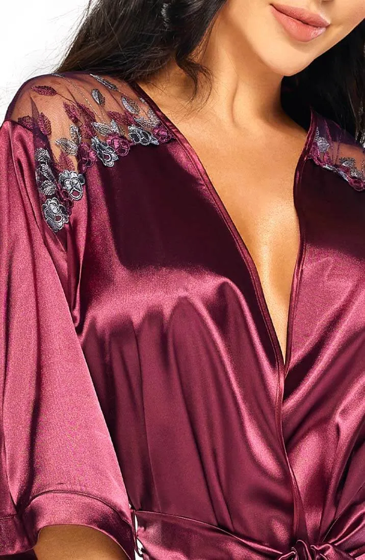 Burgundy satin robe with embroidery - Skylar