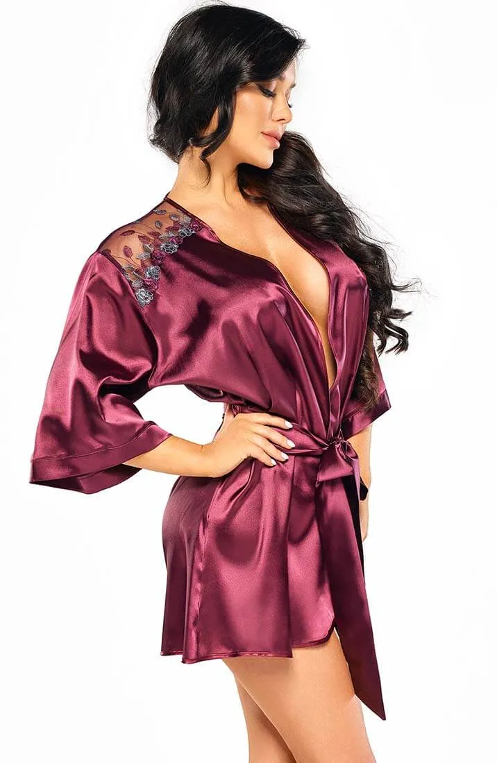 Burgundy satin robe with embroidery - Skylar