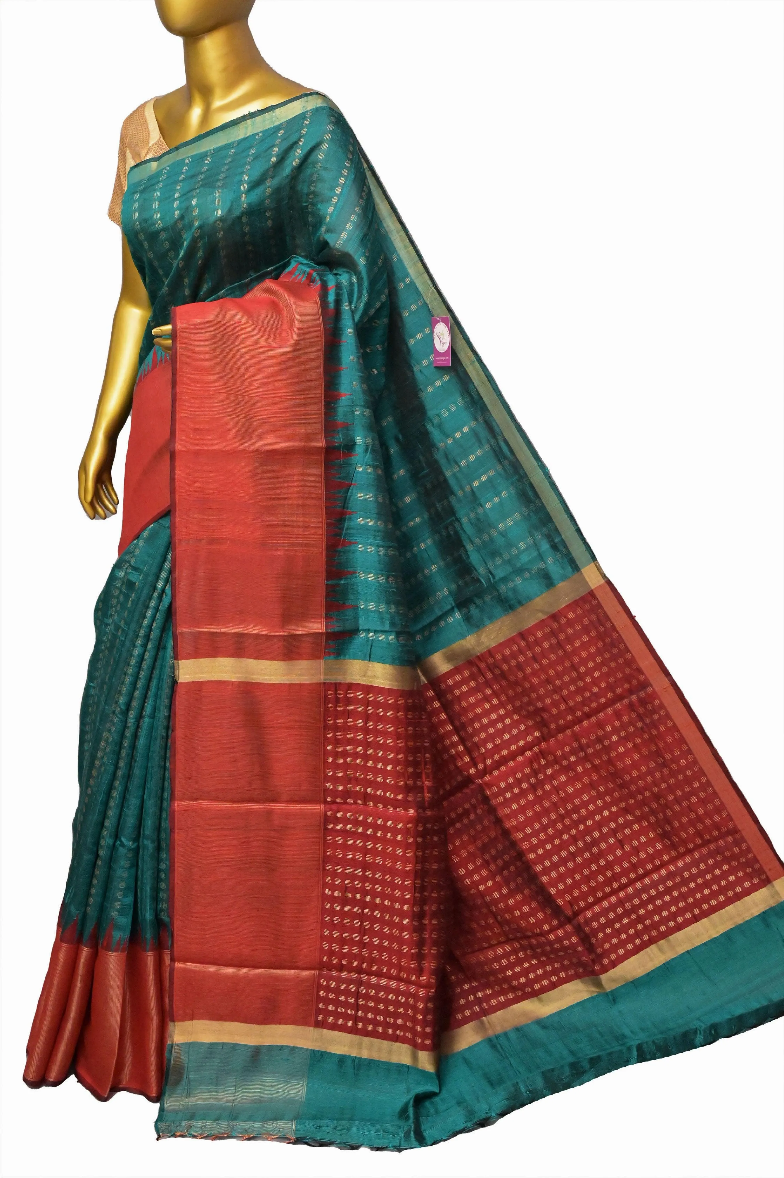 Deep Teal Green and Red Color Dupion Silk Saree with Zari Butta Work