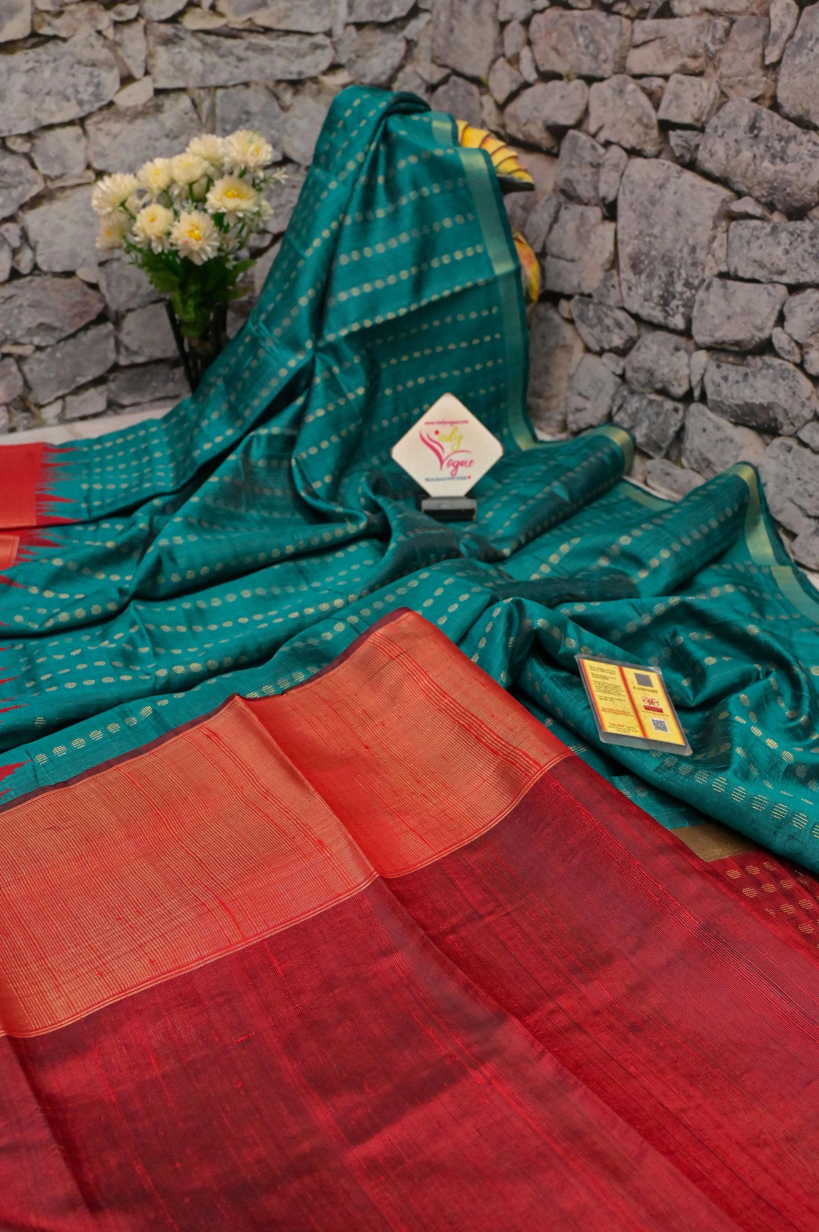 Deep Teal Green and Red Color Dupion Silk Saree with Zari Butta Work