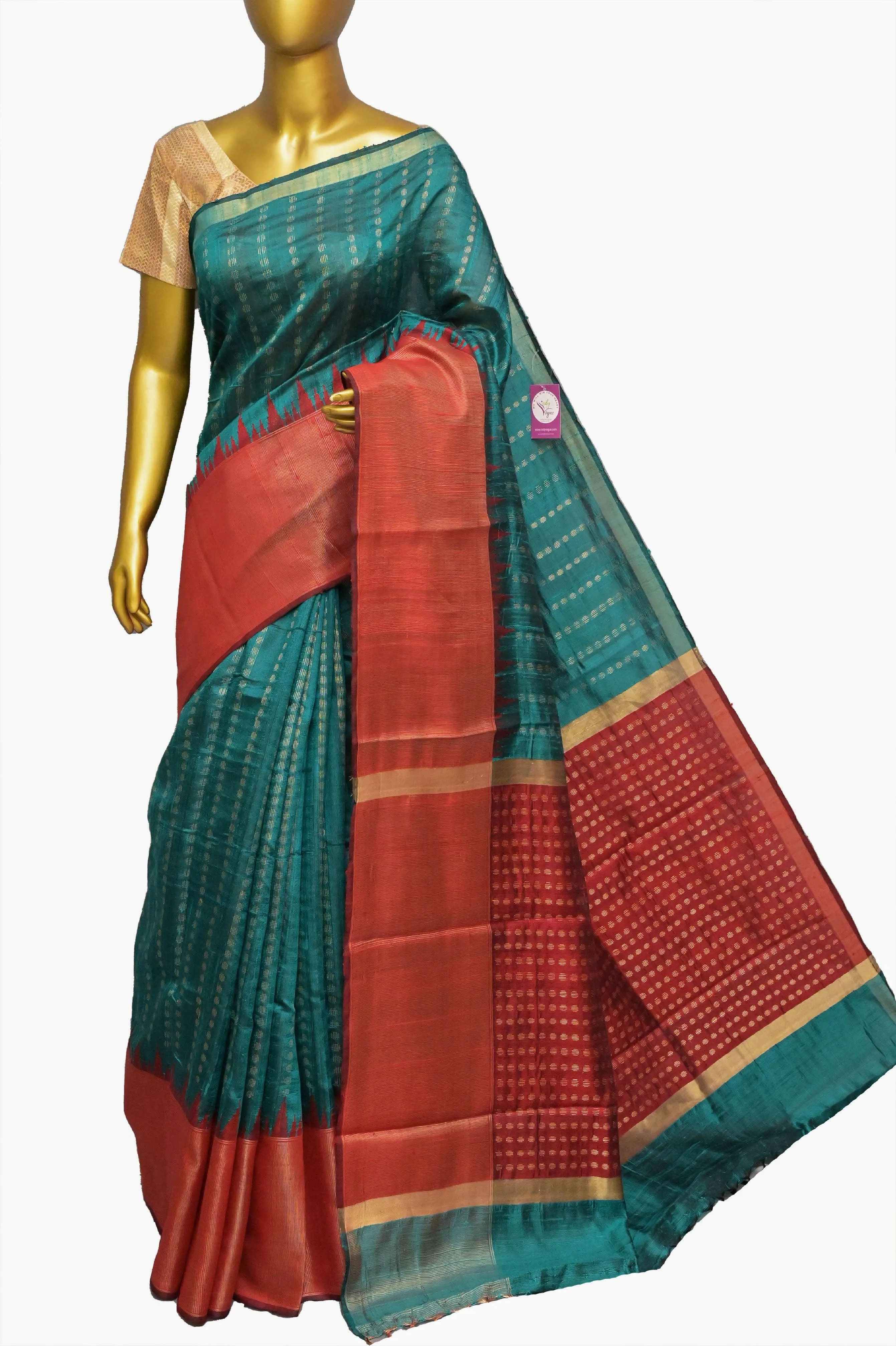 Deep Teal Green and Red Color Dupion Silk Saree with Zari Butta Work
