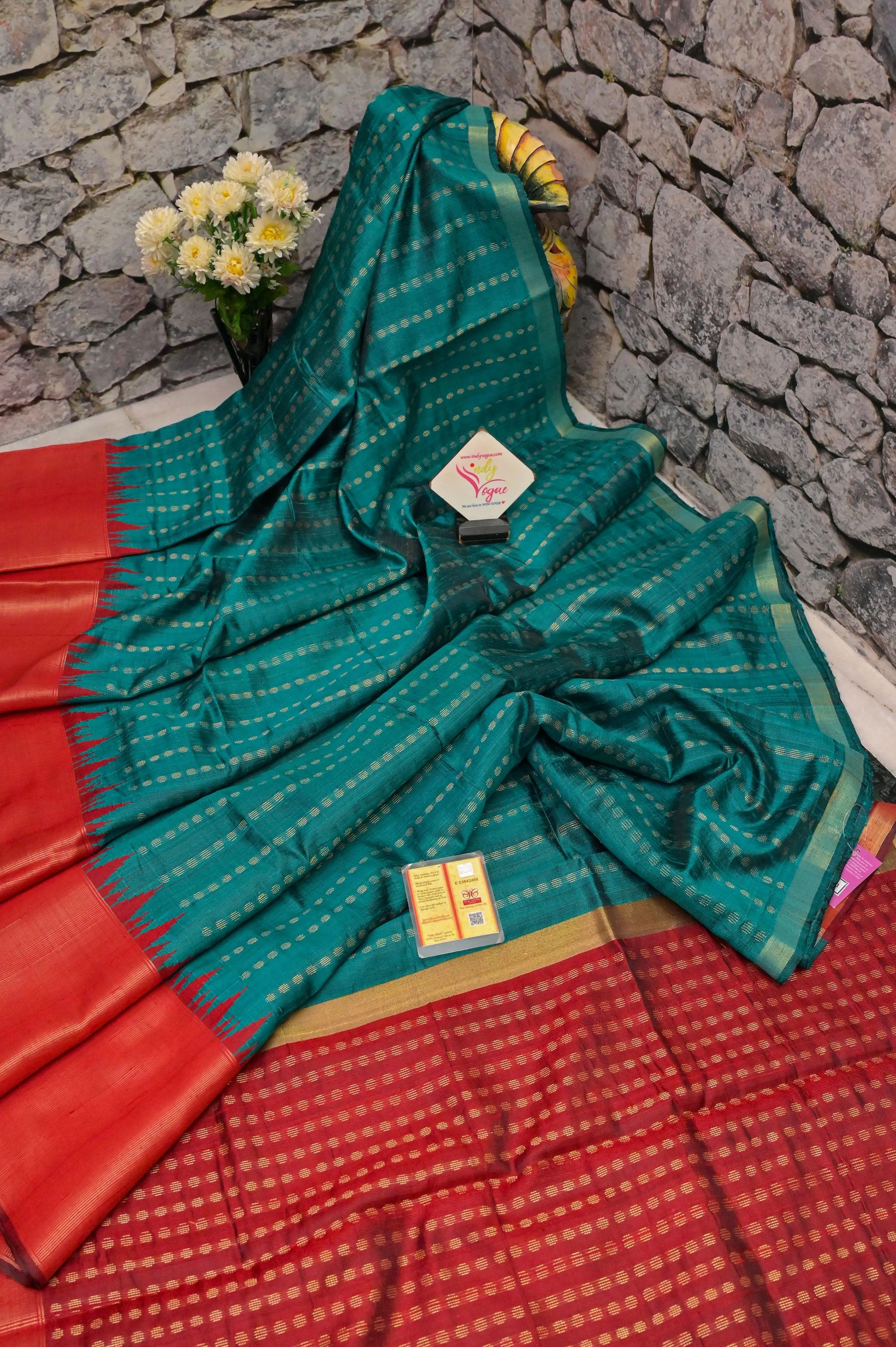 Deep Teal Green and Red Color Dupion Silk Saree with Zari Butta Work