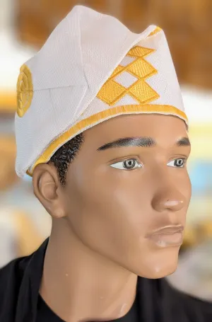 Dupsie's White with Gold Embroidery Ogundele Aso Oke Kufi Cap Hat DPHAWGA44