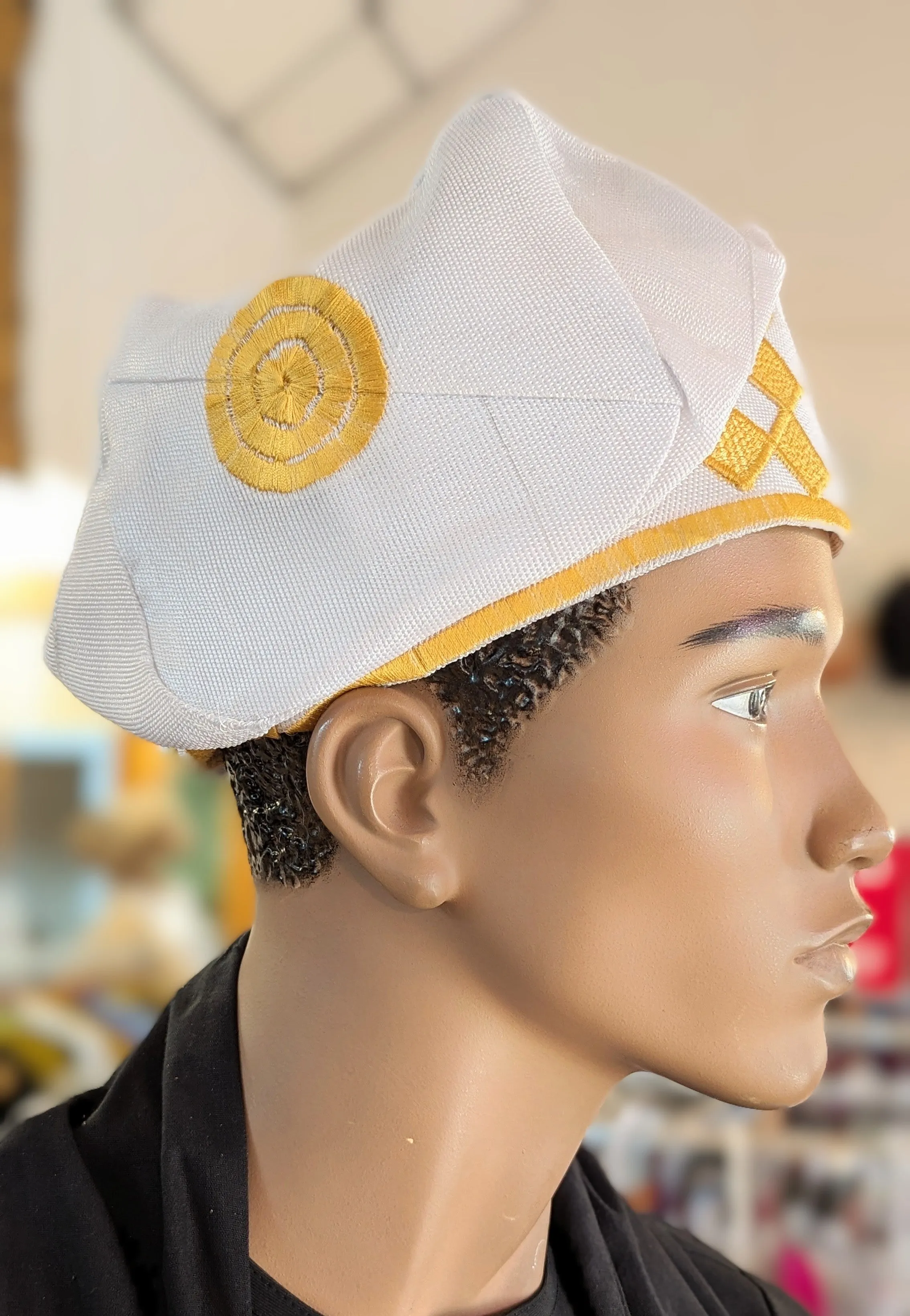 Dupsie's White with Gold Embroidery Ogundele Aso Oke Kufi Cap Hat DPHAWGA44