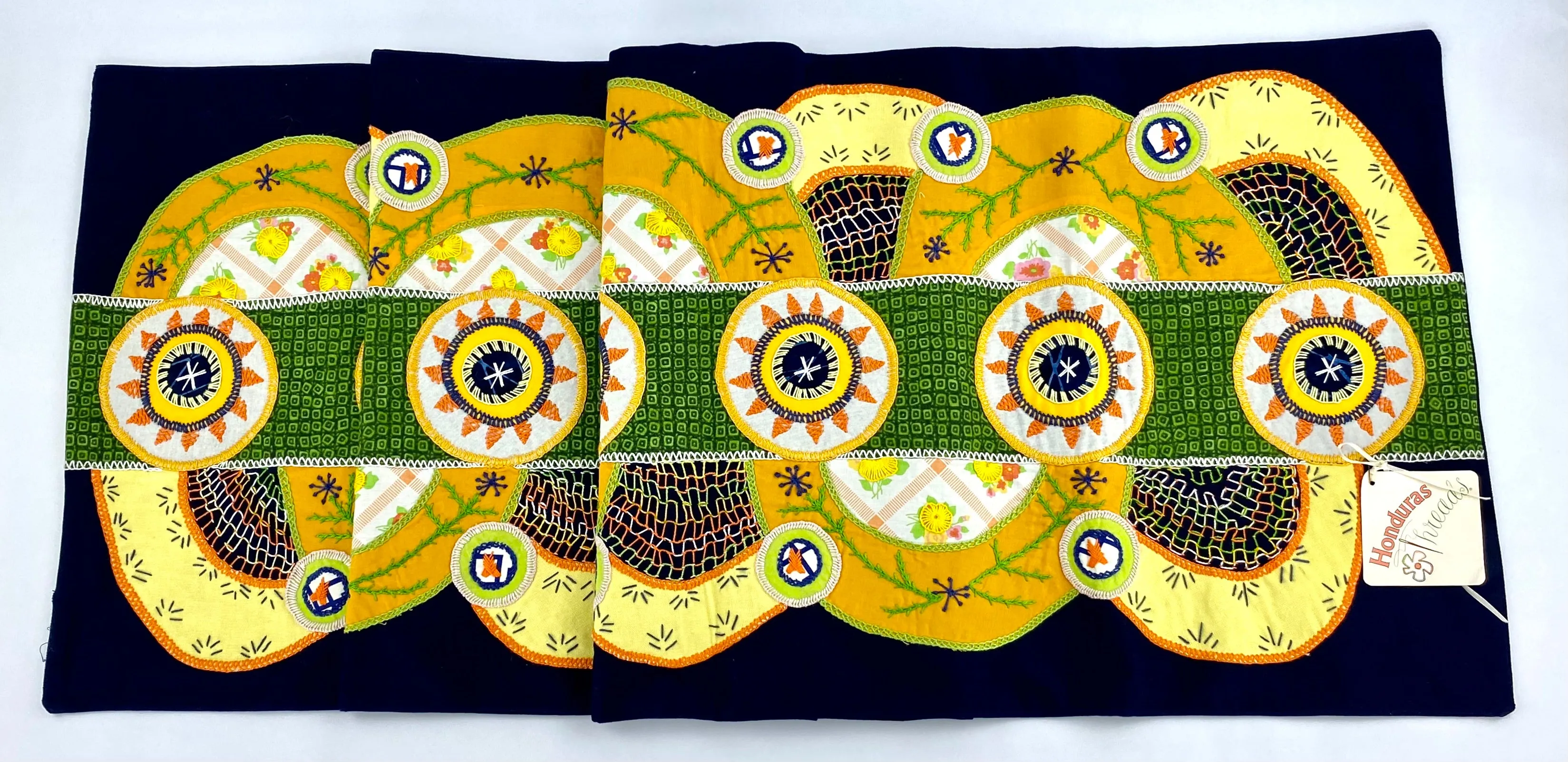 El Doce Design Embroidered Table Runner on navy