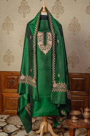 Elegant Green Kashmiri Silk Suit with Exquisite Paper Mache Embroidery