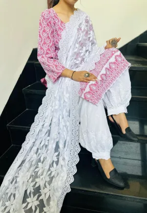 Elegant Red Lucknowi Chikankari Patiala Suit with Sequin Accents