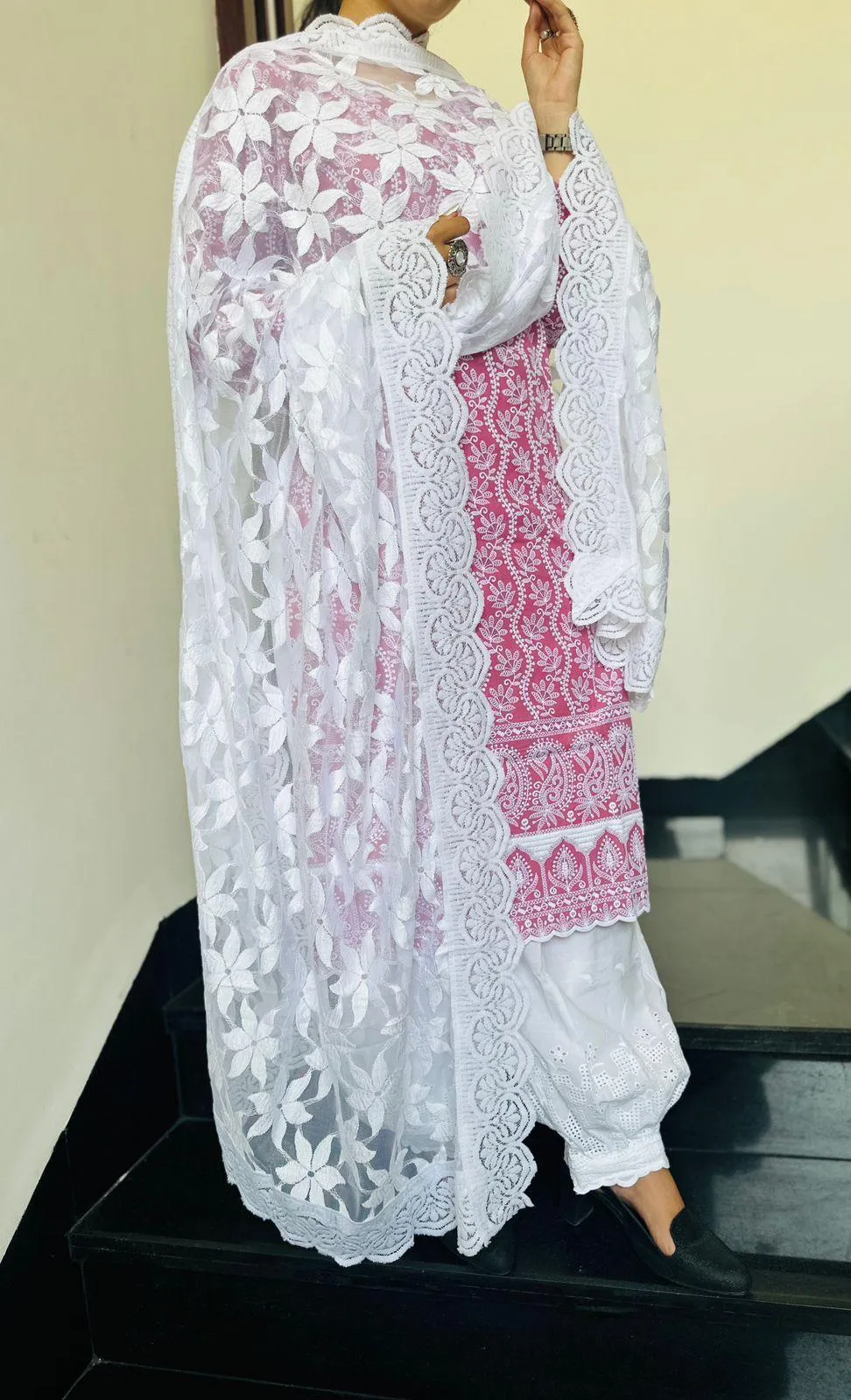 Elegant Red Lucknowi Chikankari Patiala Suit with Sequin Accents