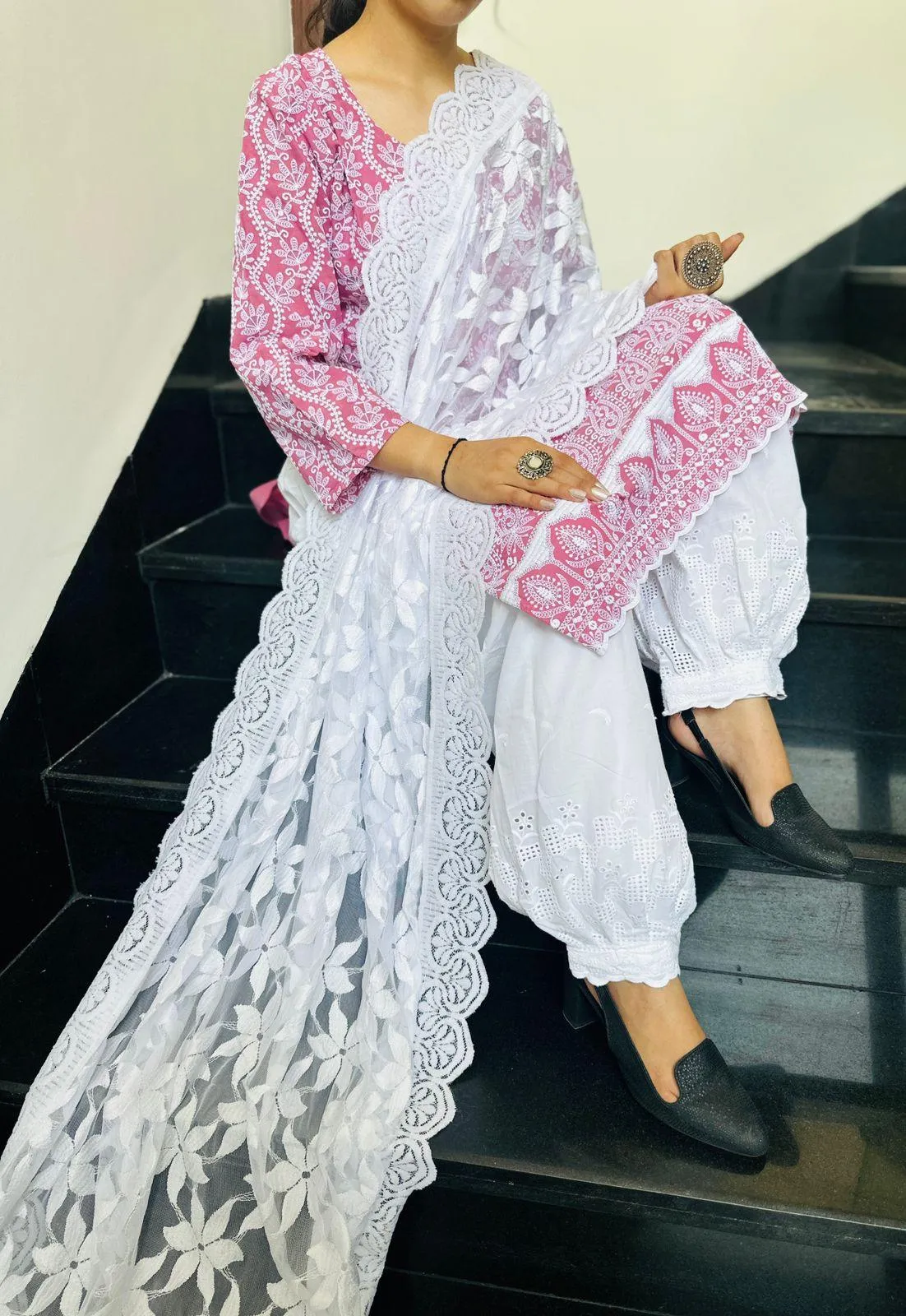 Elegant Red Lucknowi Chikankari Patiala Suit with Sequin Accents