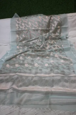 Elegant Sea Green Pure Tissue Silk Saree | Handwoven Gold Jaal Design