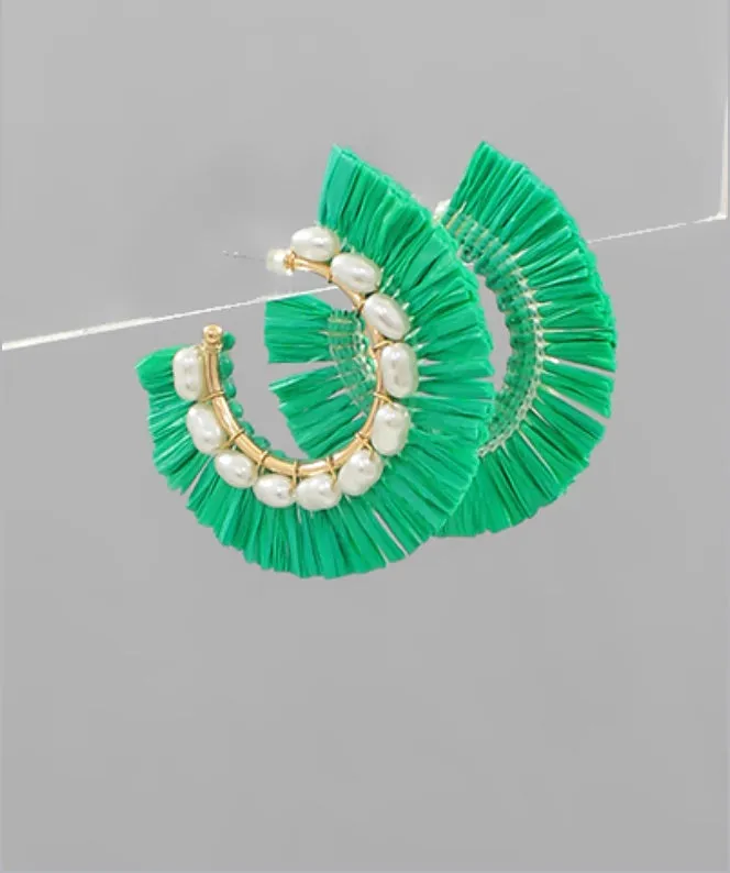 Freshwater Pearl & Raffia Hoops