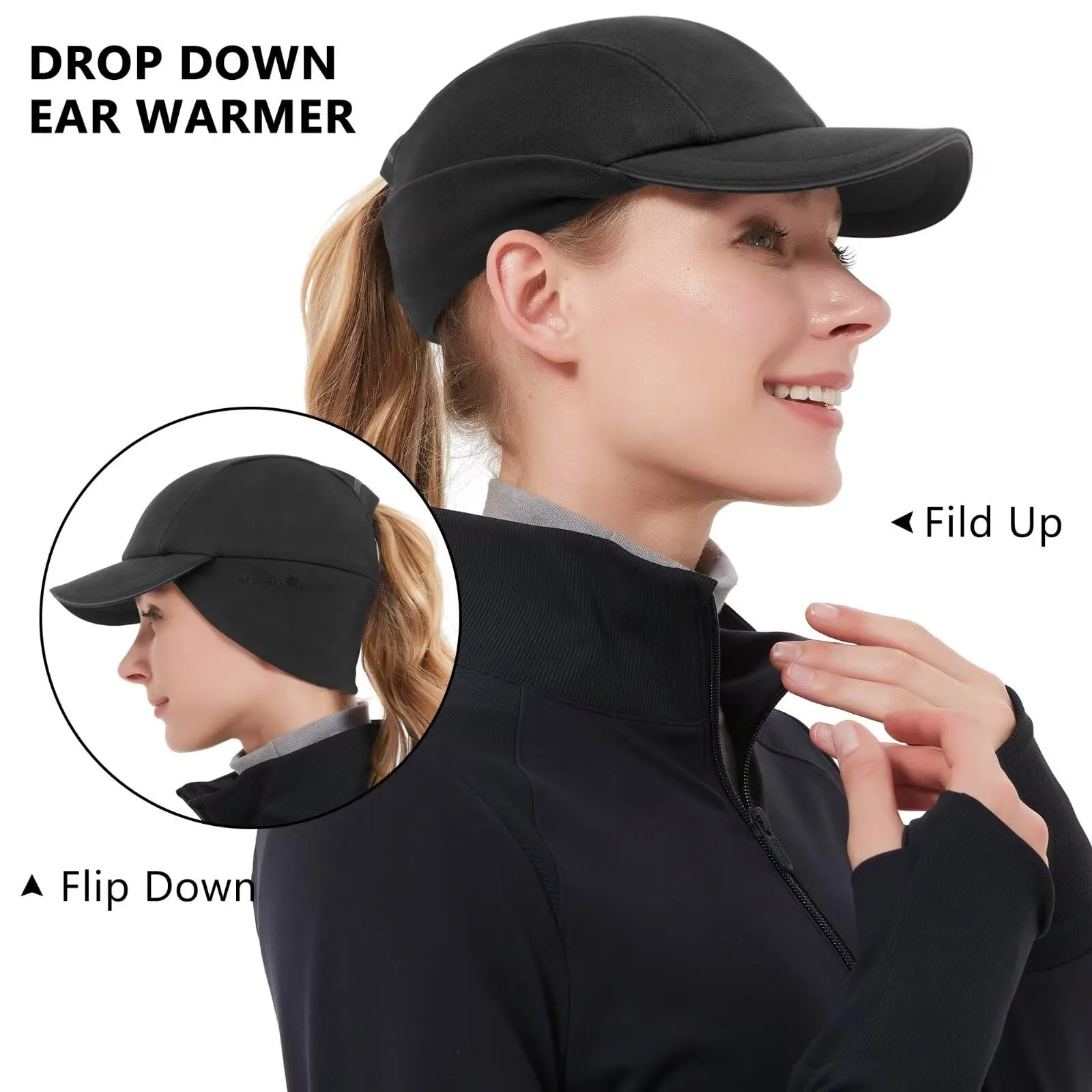 GADIEMKENSD Winter Running Hats Reflective Fleece Ponytail Hat for Women Baseball Caps with Earflap Drop Down Ear Warmer Mens Skull Cap Beanie with Visor Cold Hat for Outdoor Hiking Snow Ski Black