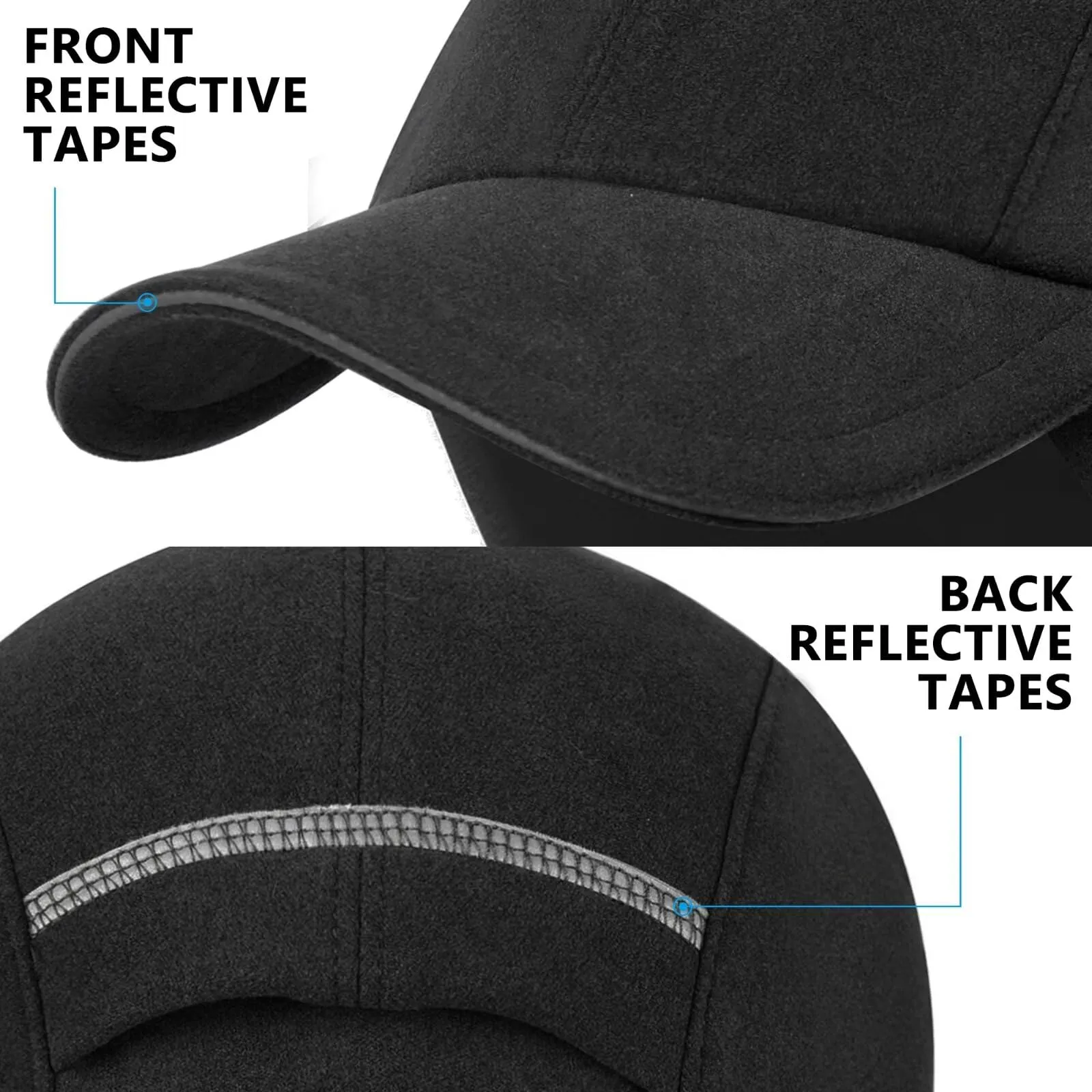 GADIEMKENSD Winter Running Hats Reflective Fleece Ponytail Hat for Women Baseball Caps with Earflap Drop Down Ear Warmer Mens Skull Cap Beanie with Visor Cold Hat for Outdoor Hiking Snow Ski Black