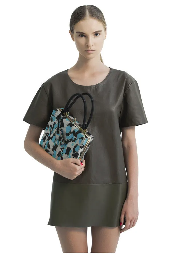 HAND PRINTED SILK STARLET FRAME SATCHEL TEAL ABSTRACT LEOPARD PRINT
