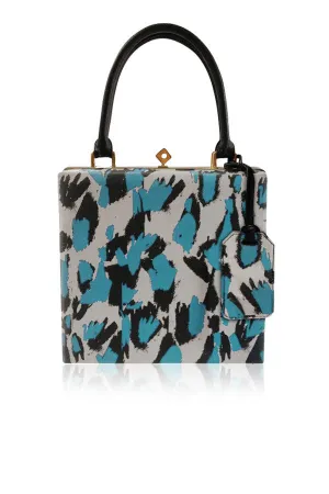 HAND PRINTED SILK STARLET FRAME SATCHEL TEAL ABSTRACT LEOPARD PRINT