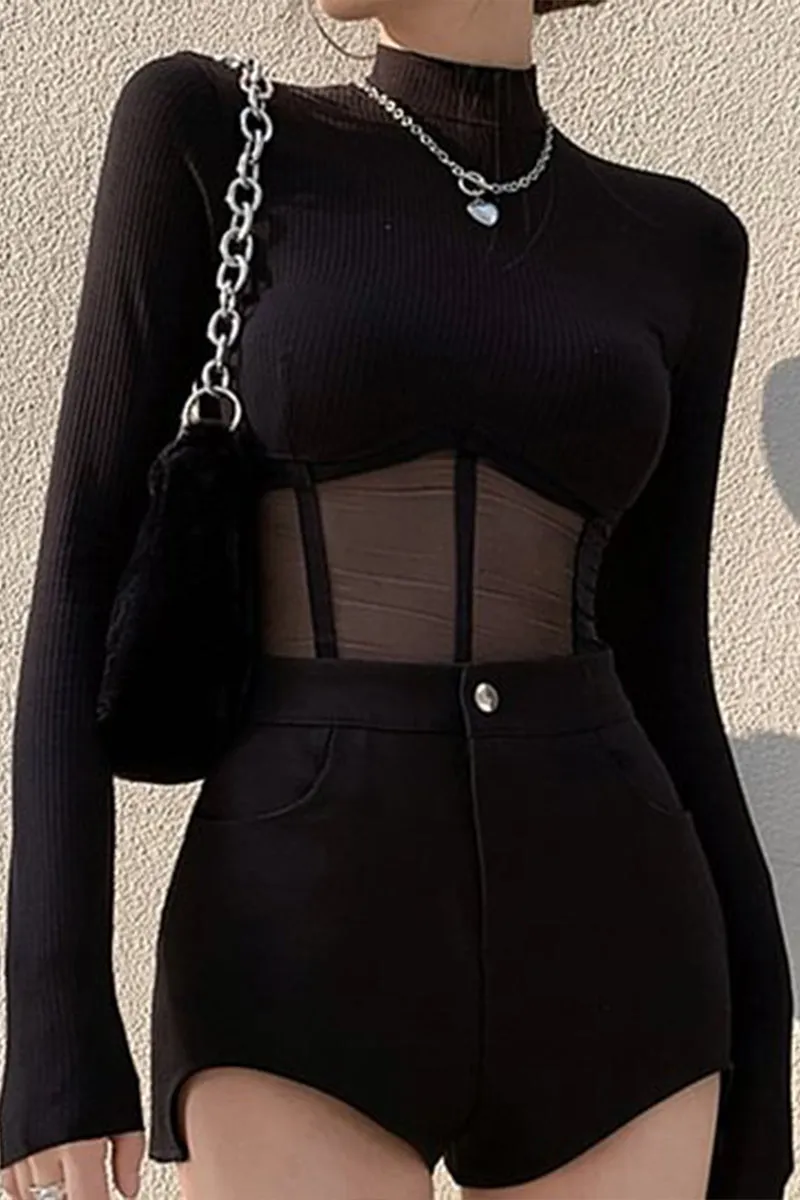 HTR1307 Chic Black Mesh Panel Bodysuit