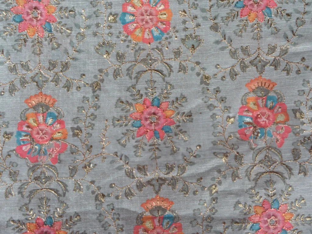 Ivory Gray Traditional Digital Print Heavy Zari Embroidered Mulberry Silk Fabric