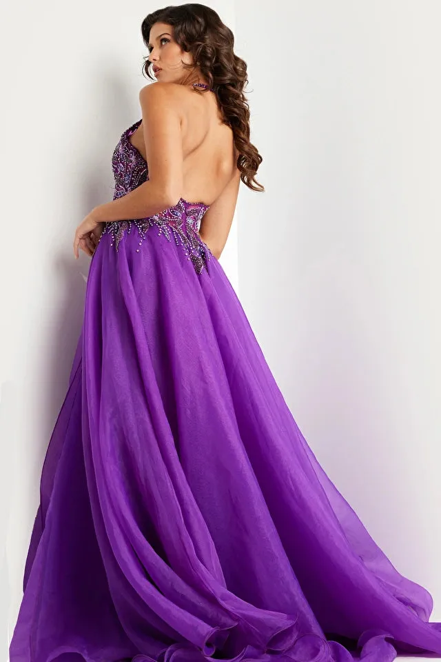Jovani 25964 Long Prom Dress A- Line Beaded Embellished Halter Neck High Slit Formal Pageant Gown