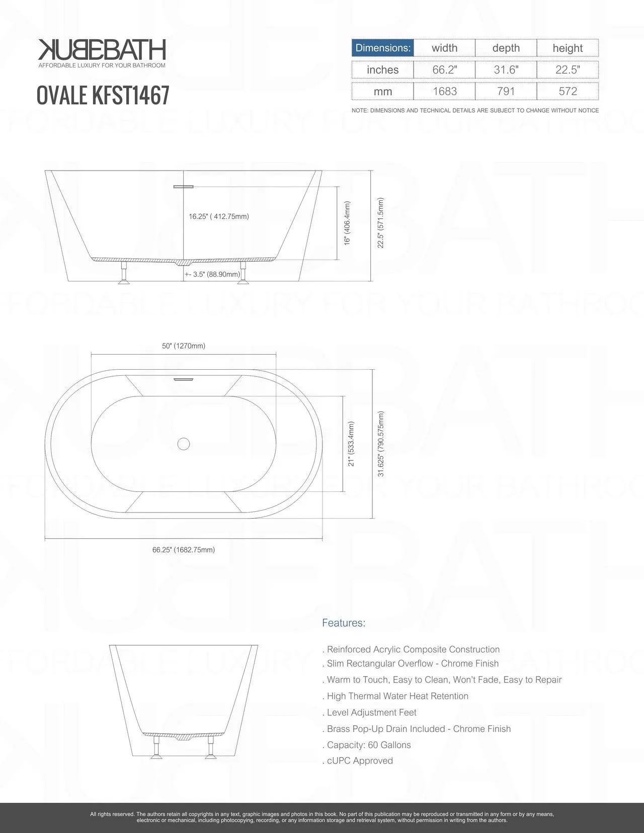 Kube Ovale 67'' White Free Standing Bathtub