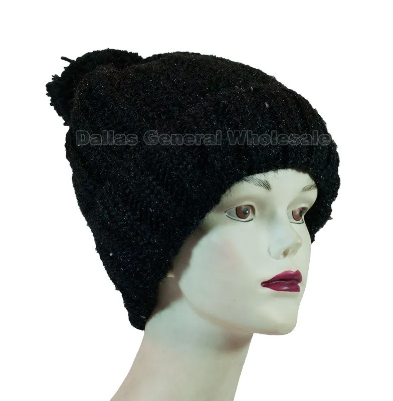 Ladies Simple Pompom Knitted Beanies Hats Wholesale